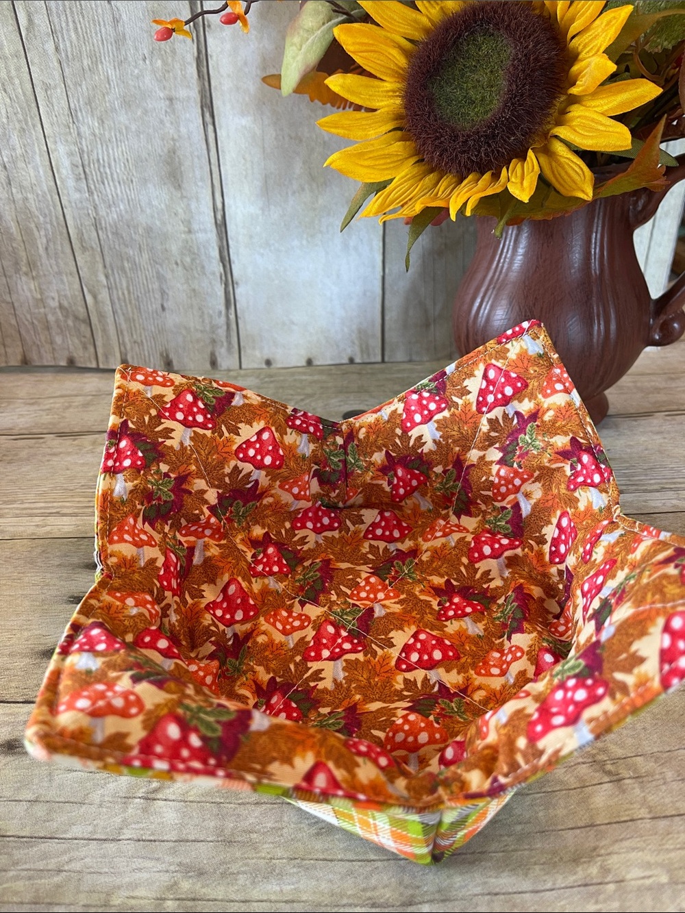 Microwave Bowl Cozy Fabric Bowl Fall/Autumn Mushrooms/Plaid Orange Brown Red